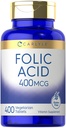 Acide folique de Carlyle 400 mcg, 400 comprimés Végétarien, non OGM, supplément sans gluten