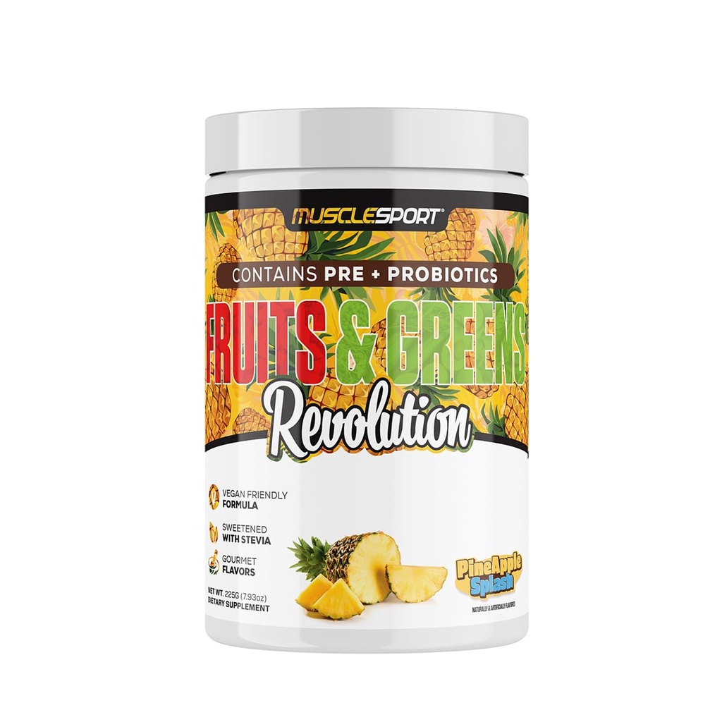Musclesport Fruits & Verts - Suppléments de fruits, de légumes et d'antioxydants, y compris l'herbe de blé et la spiruline, la fibre et les probiotiques ajoutés - 30 portions (Pineapple Splash)