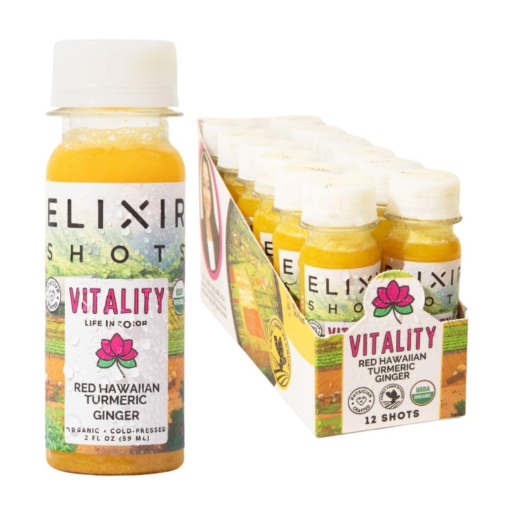 Elixir Shots, Vitalität Immunität Wellness Shot mit 100% Organischen Inhaltsstoffen, kaltgepresste rote hawaiianische Kurkuma, peruanischen Ingwer, Ananas und schwarzer Pfeffer, kein Zucker oder künstliche Zusatzstoffe, 12 Packung
