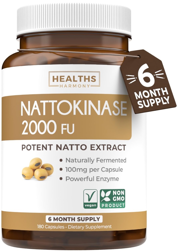 Gesundheit Harmony Nattokinase 2000 FU (Non-GMO) Leistungsstarke Nattokinase-Ergänzung aus natürlich gefruchteten Sojabohnen - (6 Monate Versorgung) 180 Vegan Natto Kapseln
