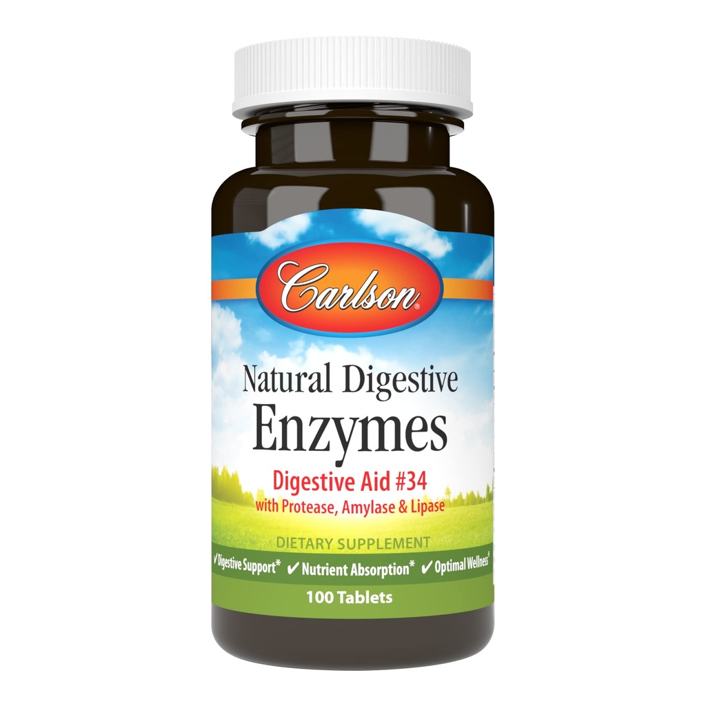 Carlson - Natürliche Verdauungsenzyme, Verdauungshilfe #34 mit Protease, Amylase & Lipase, Verdauungsunterstützung, Nährstoffabsorption & Optimale Wellness, 100 Tabletten
