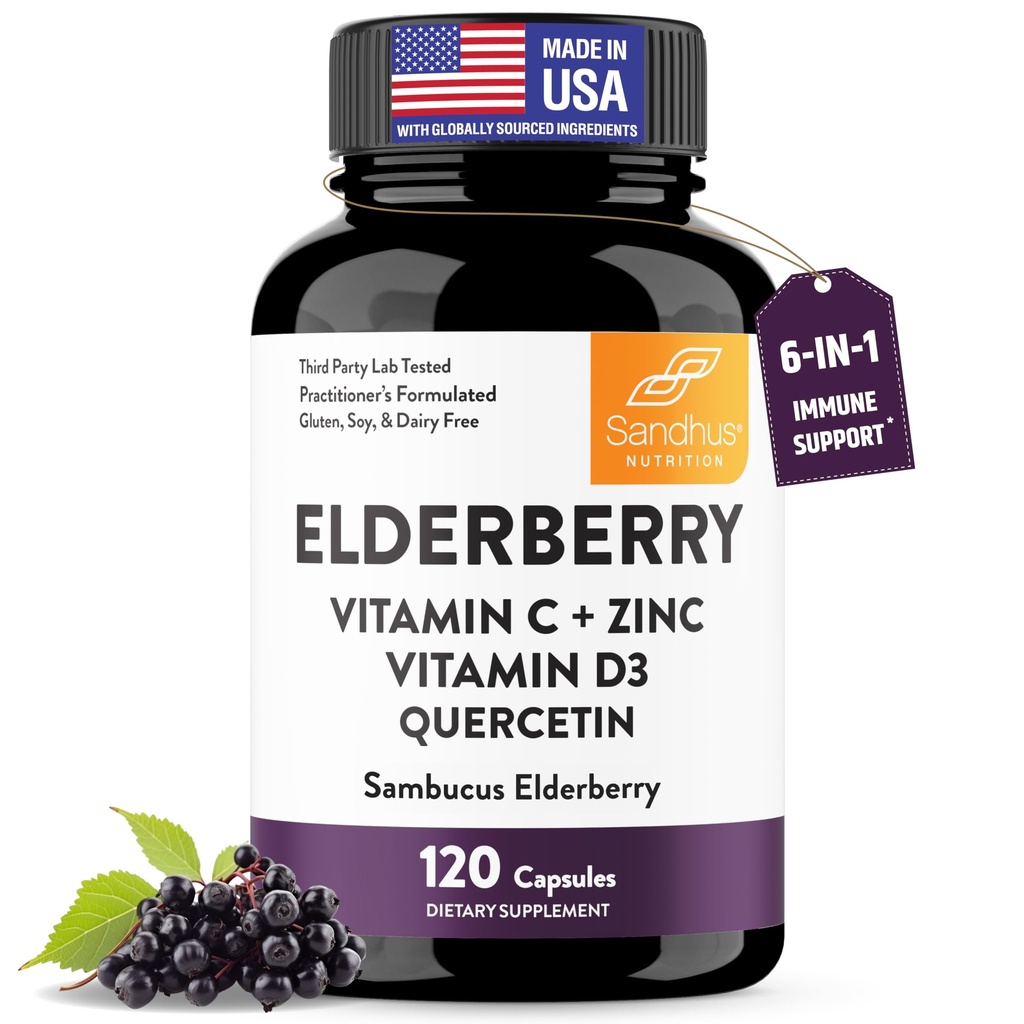 Sandhu's Elderberry Vitamin C und Zink mit Vitamin D3 & Quercetin | Supplement Kapseln für Männer & Frauen | Unterstützt Immungesundheit | 120 Count (Pack von 1)