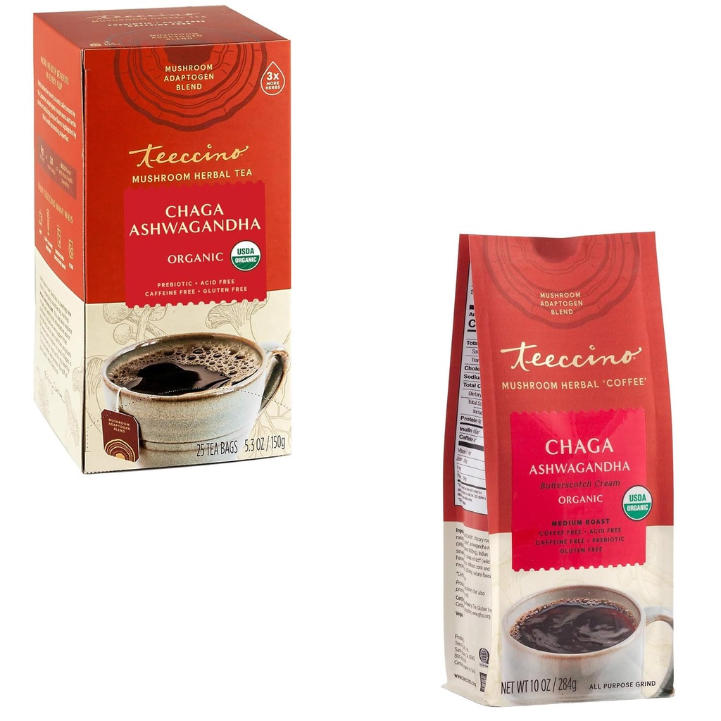 Teeccino Chaga Ashwagandha Tea & Chaga Ashwagandha Coffee Alternative Bundled Collection, Butterscotch Cream, Caffeine Free & Acid Free, Adaptogenic Herbal Mushroom Coffee