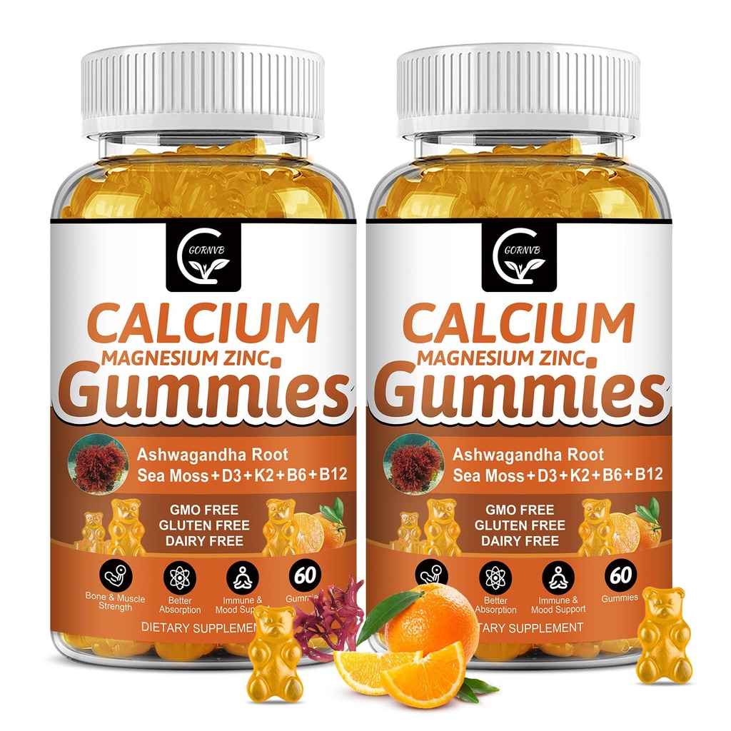 1200mg Calcium-Gummi-Gummi mit Vitamin D3,K2,B12 & B6 - Pflanzenkomplexe Calcium-Magnesium-Ergänzung mit Glycinat,Potassium,Sea Moss,Ashwagandha Wurzel für Knochen & Zähne Stärke, Muskel & Immun-2 Pack