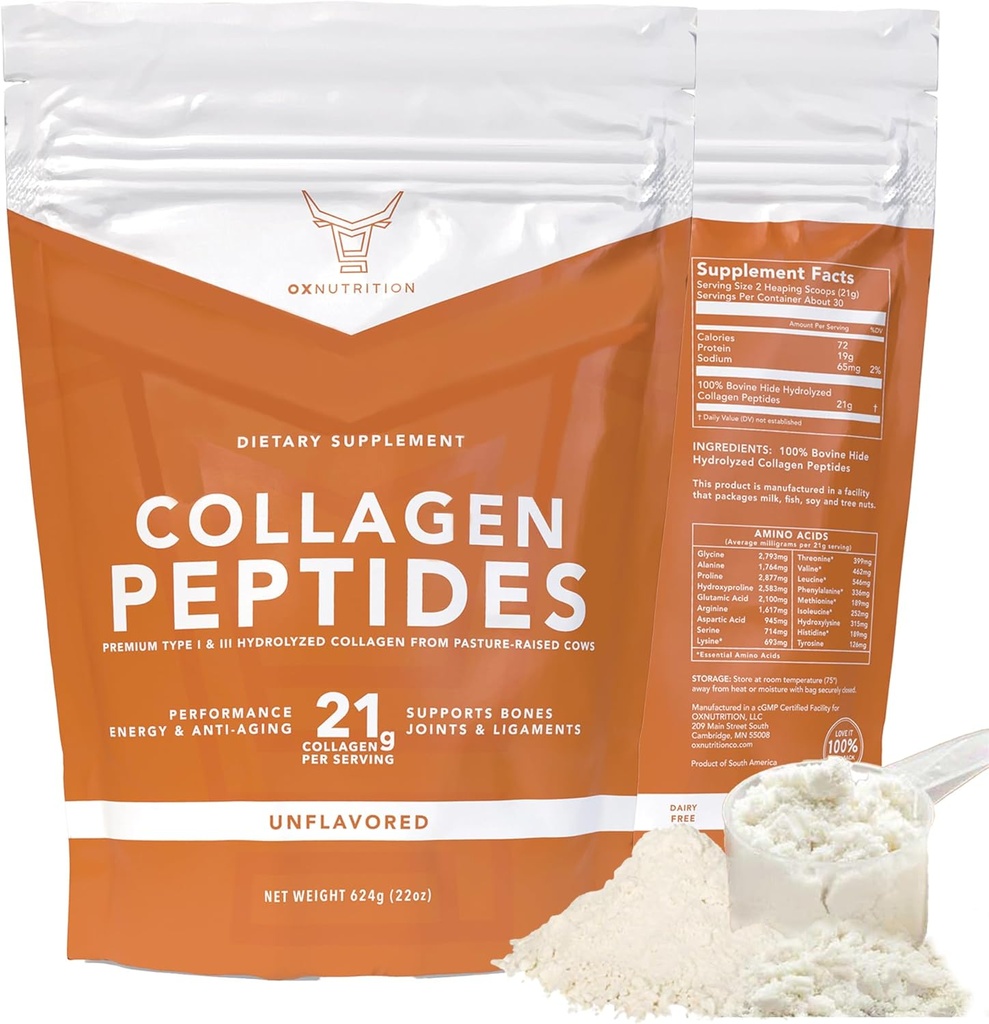 OX Collagen Poudre pour femmes Hommes (22oz) Type I & III Sans saveur et sans odorat Easy-Mix Hydrolyzed Peptides de protéines de peptane Coiffure articulaire Skin & Nail Support sans gluten sans OGM Keto Paleo Grass-Fed Kosher