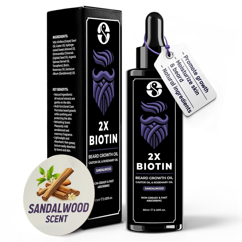Biotin Konzentration Bart Thickener & Weichmacher - 2oz mit Rizinusöl, Rosmarinöl und Vitaminen - Sandelholz Duft für Männer