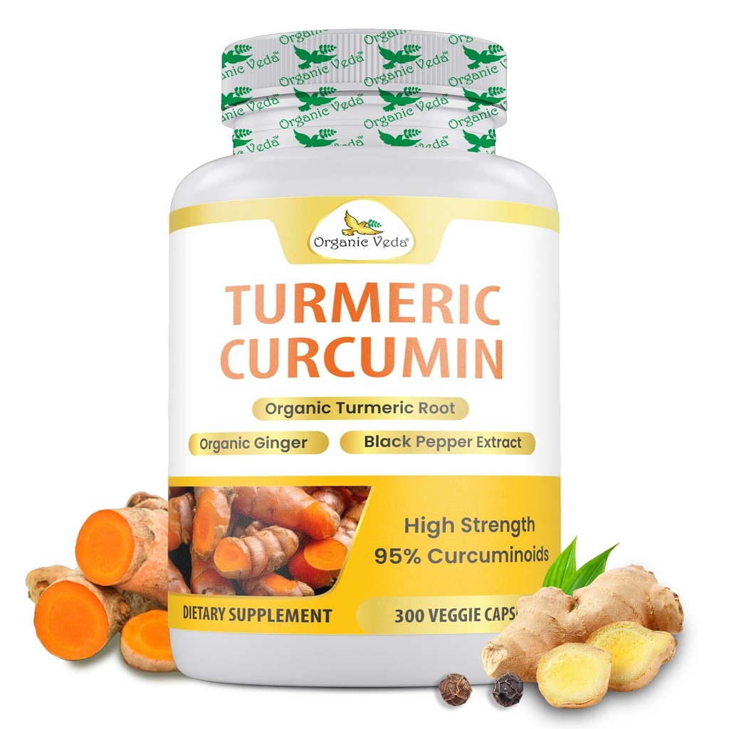 Bio Veda Turmeric und Ginger Kapseln 300 Pillen - Bio Kurkuma Curcumin mit schwarzem Pfeffer für Joint Support - Non GMO, Gluten Free, Kurkuma und Ingwer Ergänzung (95% Curcuminoide)