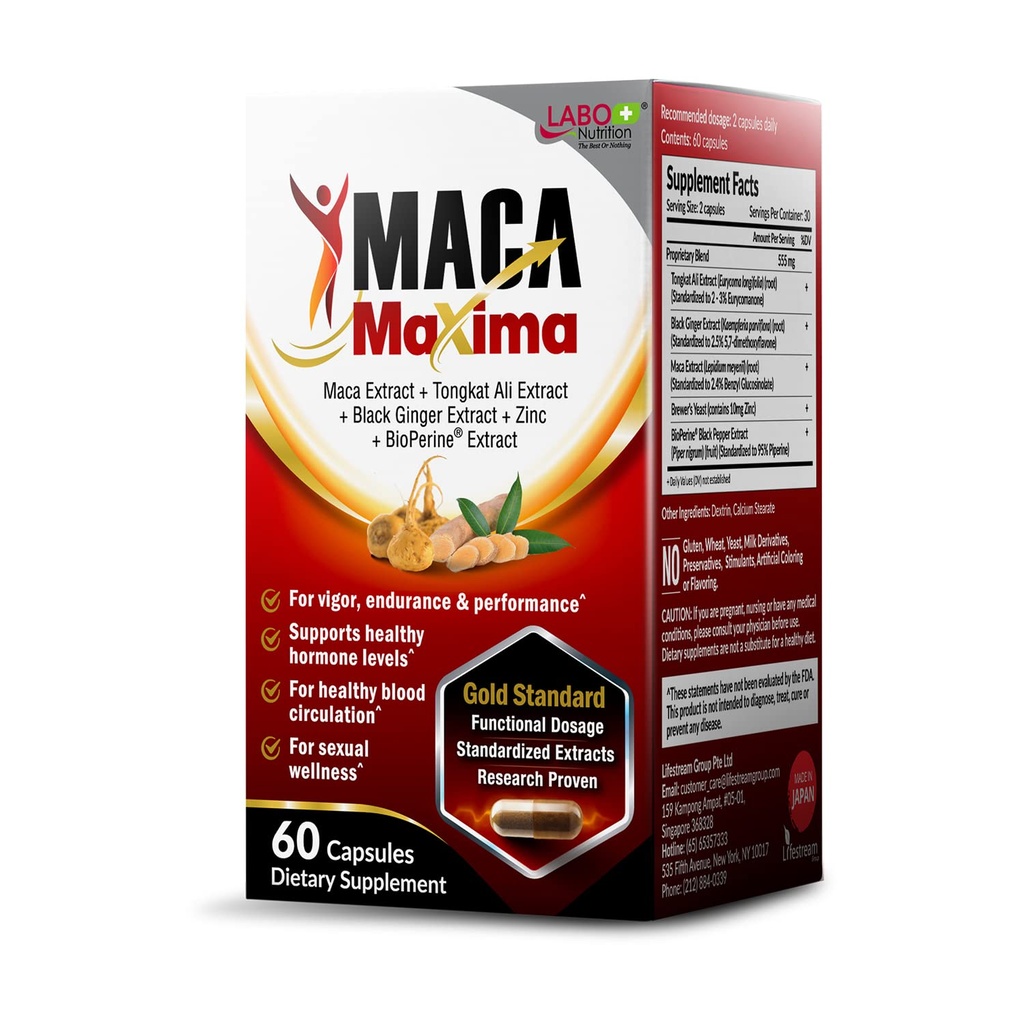 LABO Nutrition MacaMaxima Peruvian Maca Root, Tongkat Ali, Black Ginger, Zink und Black Pepper Extract Supplement für Männer und Frauen, unterstützt reproduktive Gesundheit, Energie, Stamina- Non-GMO, Vegan Pillen