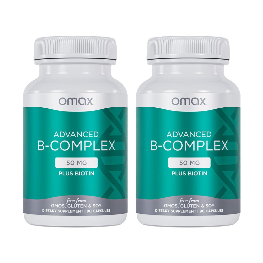 Omax3 2 Flaschen - Advanced Vitamin B Complex 50MG mit Biotin | Strong & Shiny Hair, Hautnnägel, Unterstützung Stress, Immunität, Energie Stoffwechsel, 90 Kapseln / pro Flasche