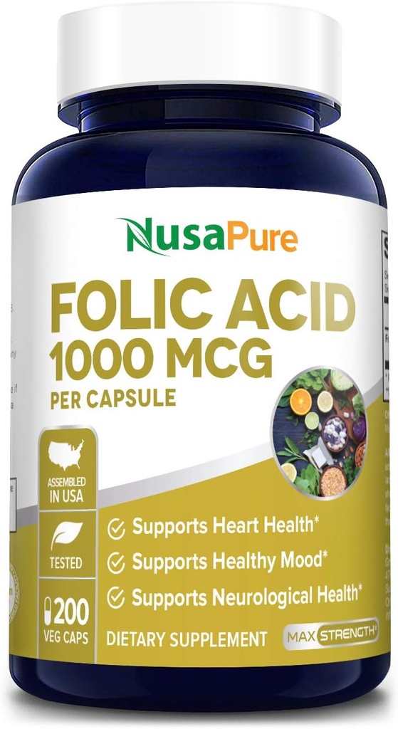 NusaPure Folic Acid 1000mcg 200 Veggie Caps (Non-GMO, Vegetarisch, Glutenfrei)