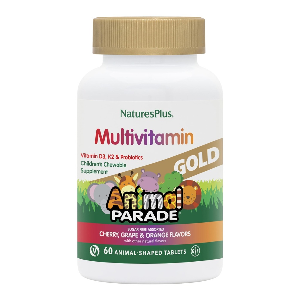 NaturesPlus Animal Parade Source of Life Gold Children's Chewable Multivitamin - Assorted Cherry, Orange & Grape Flavors - 60 Chewable Tablets - Vegetarian, Gluten-Free - 30 Servings