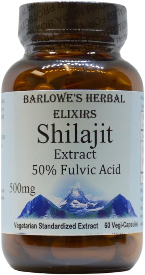Barlowe's Kräuter Elixier Shilajit Extrakt | 500mg pro Kapsel | 50% Fulvic Säure | Mineral-Rich Himalayan Ergänzung für Vitalität & Wellness | 60 Vegan Kapseln | Non-GMO, Gluten-Free, Glasflasche