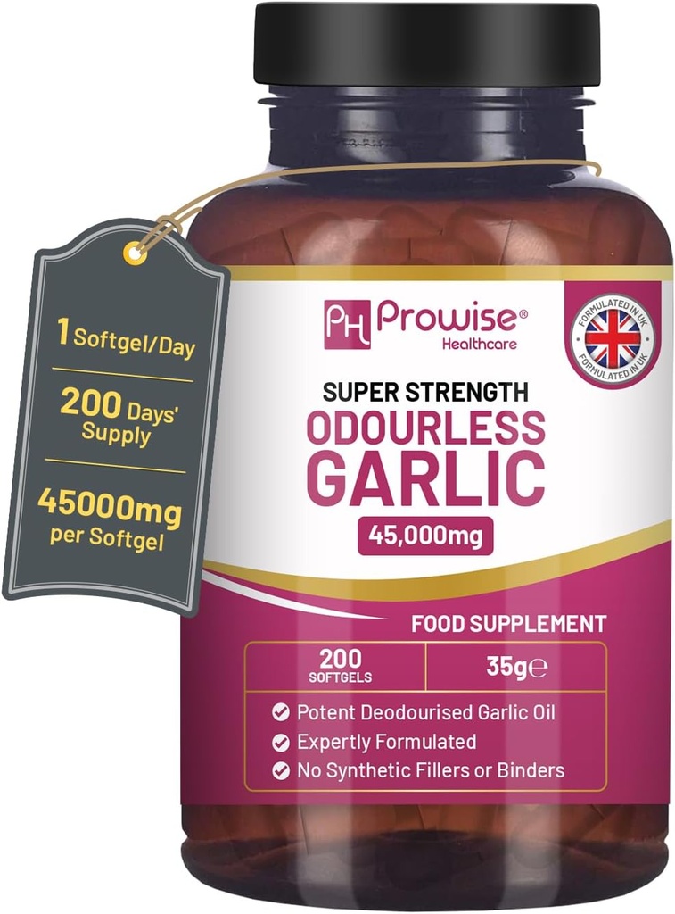 Premium Odourless Knoblauch Kapseln | 45.000mg pro softgel | 200 softgels (nicht Tabletten) Super High Strength | Cold Pressed and Deodourised Premium Knoblauch Öl Extrakt aus Allium Sativum