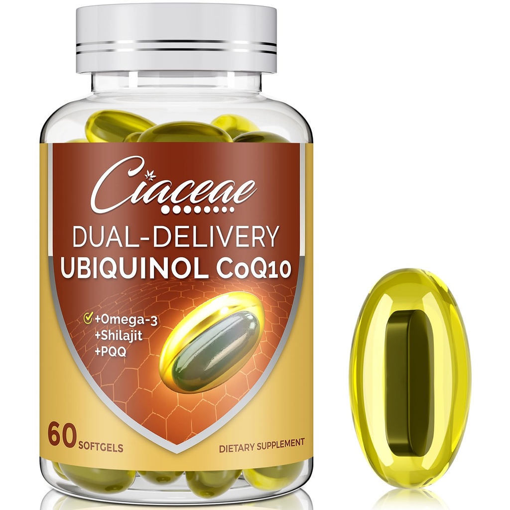 Ubiquinol CoQ10 600 MG Softgels avec Omega-3 & Shilajit & PQQ, Coenzyme de double livraison avancée-Q10, Supplément Ubiquinol actif CoQ10 pour la fertilité, antioxydant, coeur, cerveau et énergie, 60 portions