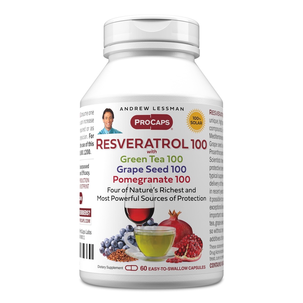 ANDREW LESSMAN Resveratrol-100 avec du thé vert 100 Graines de raisin 100 Pomégranate 100mg - 60 Capsules - Quatre puissants anti-oxydants protecteurs.