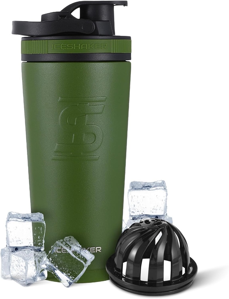 Ice Shaker Insulated Edelstahl Shaker Bottle | 26oz, Green | Cold for 30+ Hours | Insulated Cup with Twist-on Agitator | Odor-Free Bottle for Protein Shakes, Water, Smoothies, Cocktails