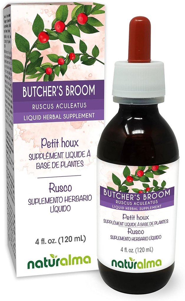 Naturalma Butcher's Broom (Ruscus aculeatus) Root Alcohol-Free Tincture - 4 fl oz Flüssiger Extrakt in Tropfen - Kräuterergänzung - Vegan
