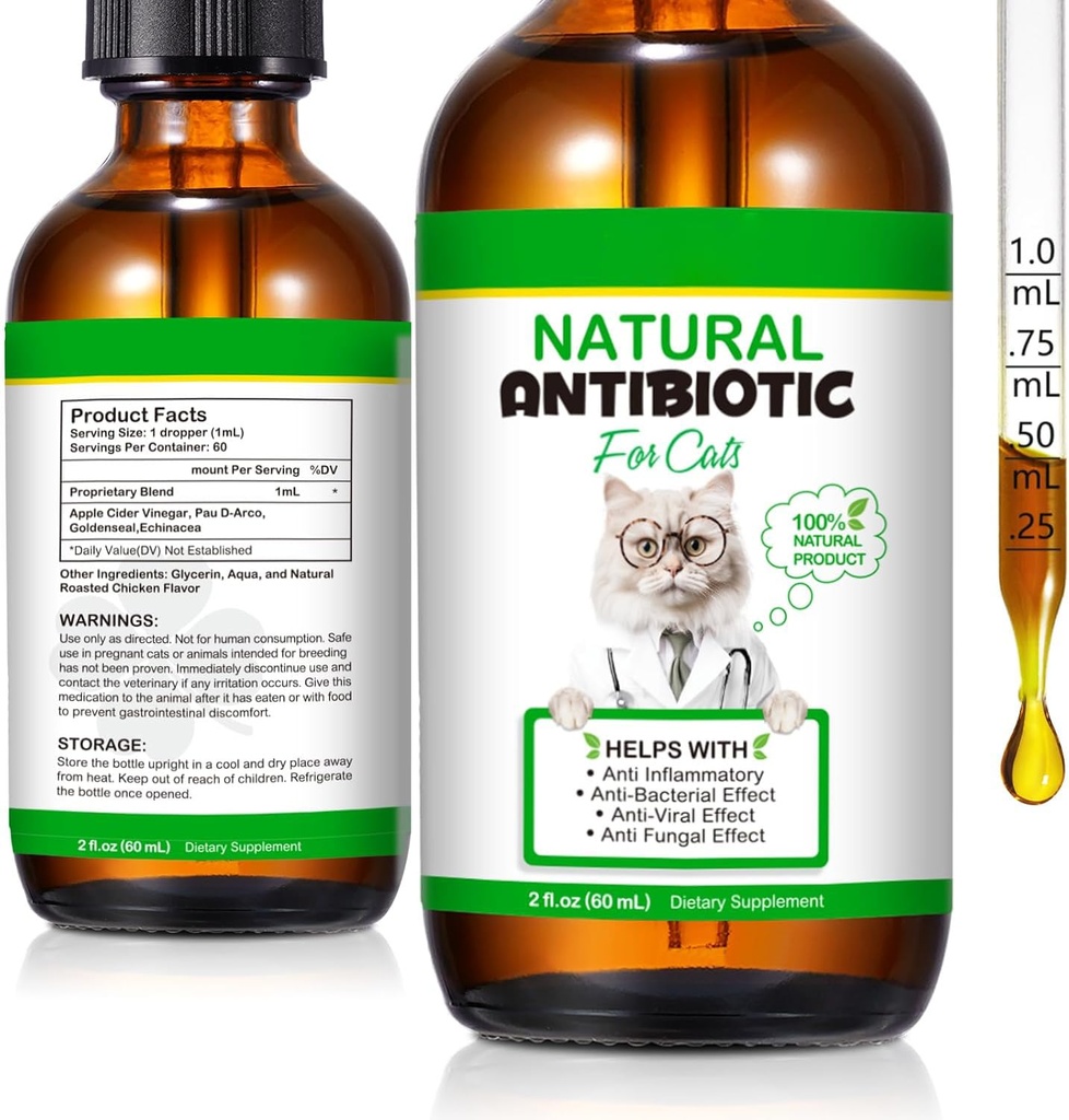 60ML Antibiotiques pour les chats, Supplément d'antibiotiques pour les chats, Multivitamine de chats, Antibiotiques naturels pour les chats, Antibiotiques pour les chats, Antibiotiques pour les chats soutient Imune & Cats Allergie Relief-2 Fl Oz