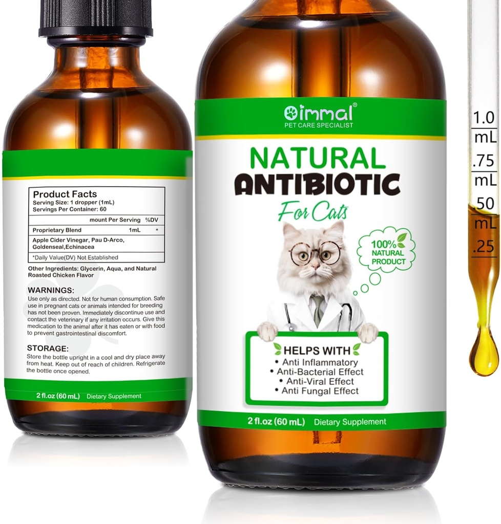 60ML-Antibiotika für Katzen, Premium-Kat-Antibiotika-Ergänzung, Katzen Multivitamin, Natürliche Antibiotika für Katzen, Katze Antibiotika unterstützt Immun- und Katzen-Allergie-Relief-2 Fl Oz