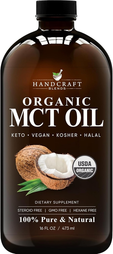 Mélanges artisanaux organiques MCT Huile de noix de coco bio 16 Fl oz – Keto Friendly, non-OGM, huile de coco végétalienne – Idéal pour les boissons, le café et le thé