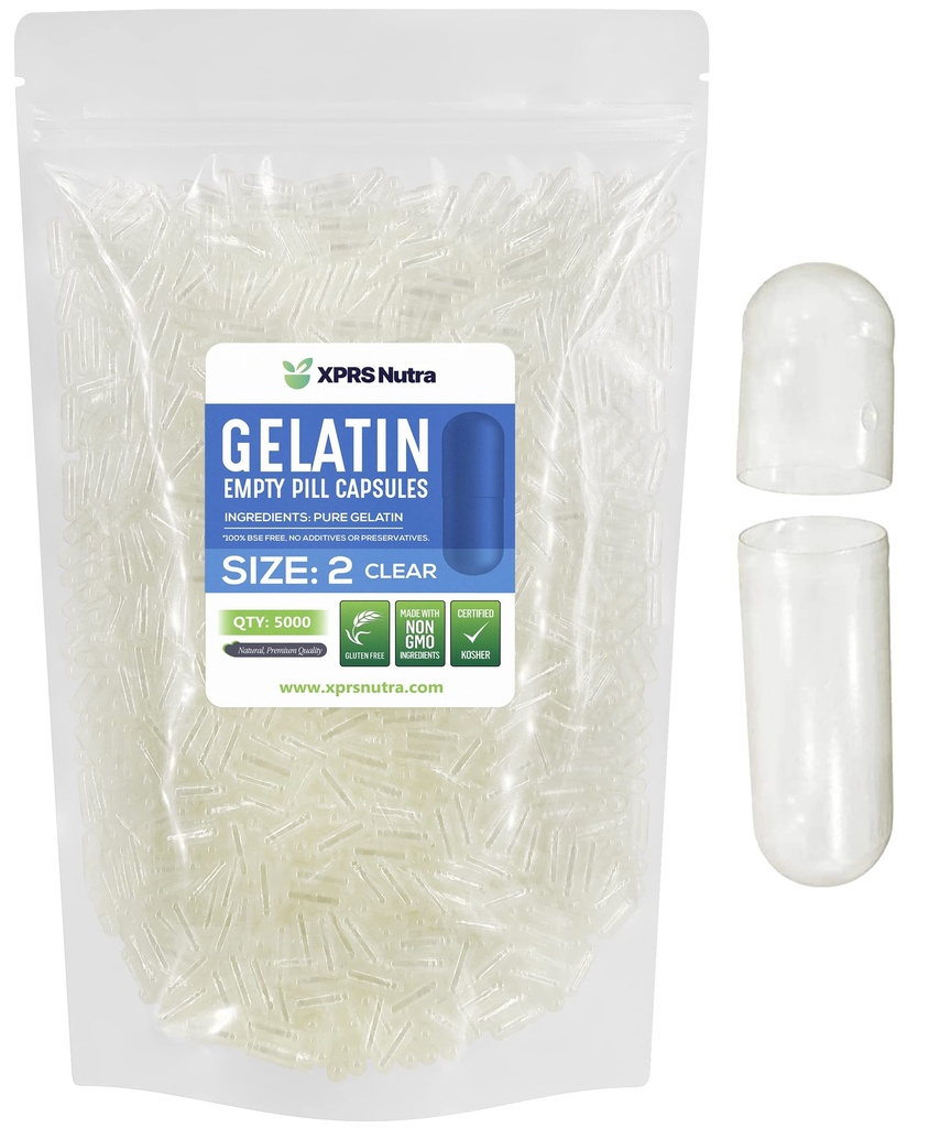 XPRS Nutra Taille 2 Capsules vides - 5000 Compter Effacer Capsules de gélatine vides - Pills Bricolage Capsule Remplissage - Pure Pilule Gel Caps pour Do-It-Youlf Suppléments