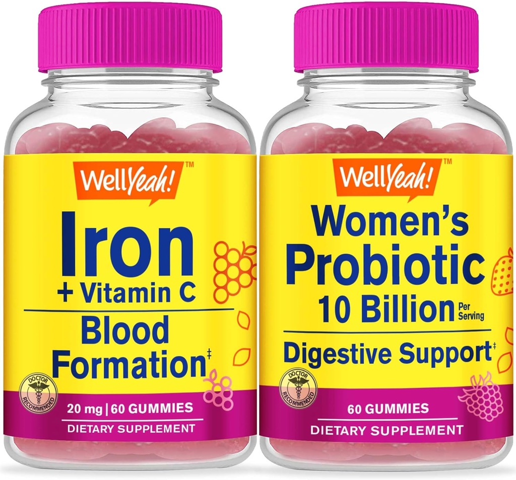 WellJa Iron+Vitamin C + Probiotics Frauen 10B CFU, Gummis Bundle - Große Verkostung, Vitamin-Ergänzung, Glutenfrei, GMO frei, Kaugummi