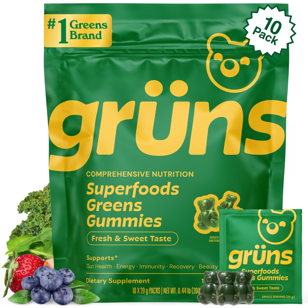 Gruns adulte Super Greens Gummies - Superfood Gummy Bears avec Spiruline, Chlorella et prébiotiques pour la santé digestive - Supplément adaptogène avec 20 vitamines et minéraux, faible sucre- 2 semaines d'approvisionnement