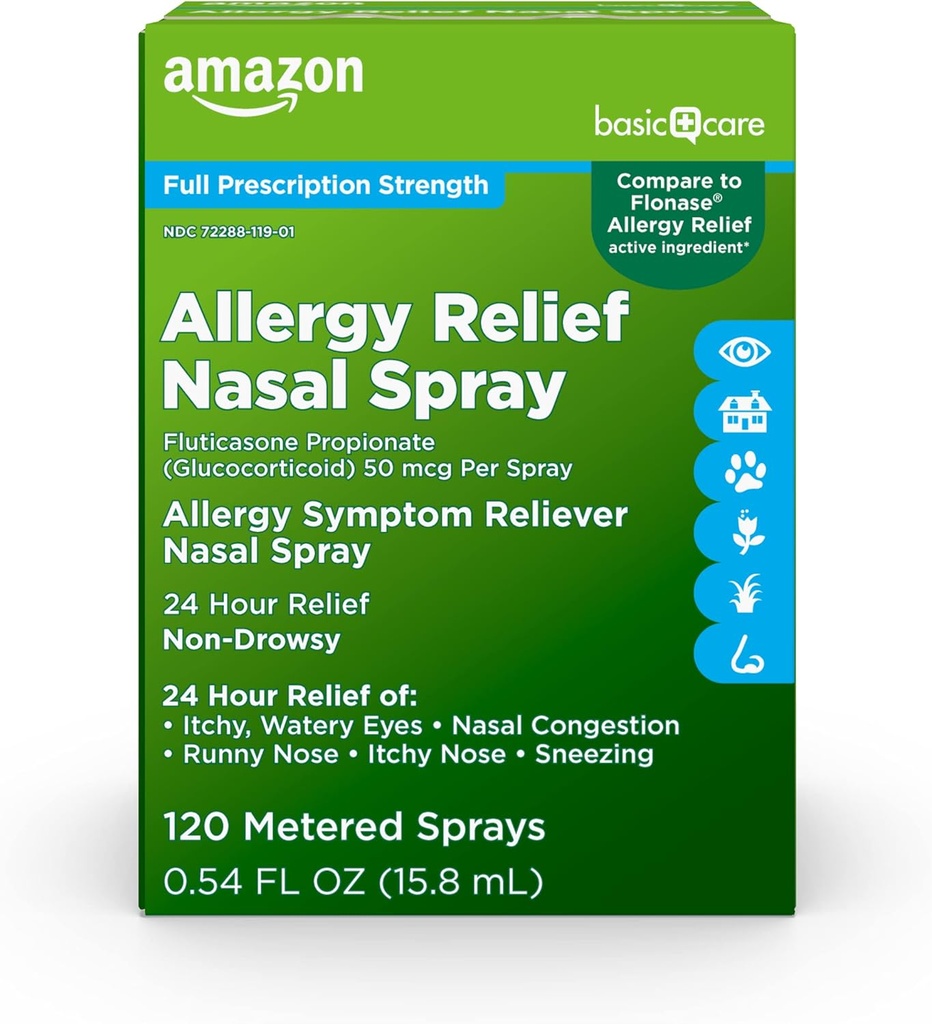 Soins de base Spray anti-allergie 24 heures sur 24, propionate de fluticasone (glucocorticoïde), 50 mcg par spray, durée maximale de prescription, non somnolence, 0,54 fl oz (paquet de 1)