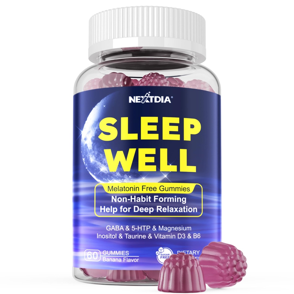 Gommies de sommeil sans mélatonine, avec glycinate de magnésium, GABA, 5-HTP, L-Theanine, Valérien, Camomille, Baume de citron, Vitamine D3 et B6 - Hormone et médicaments- sans, non Habit formant, sans sucre