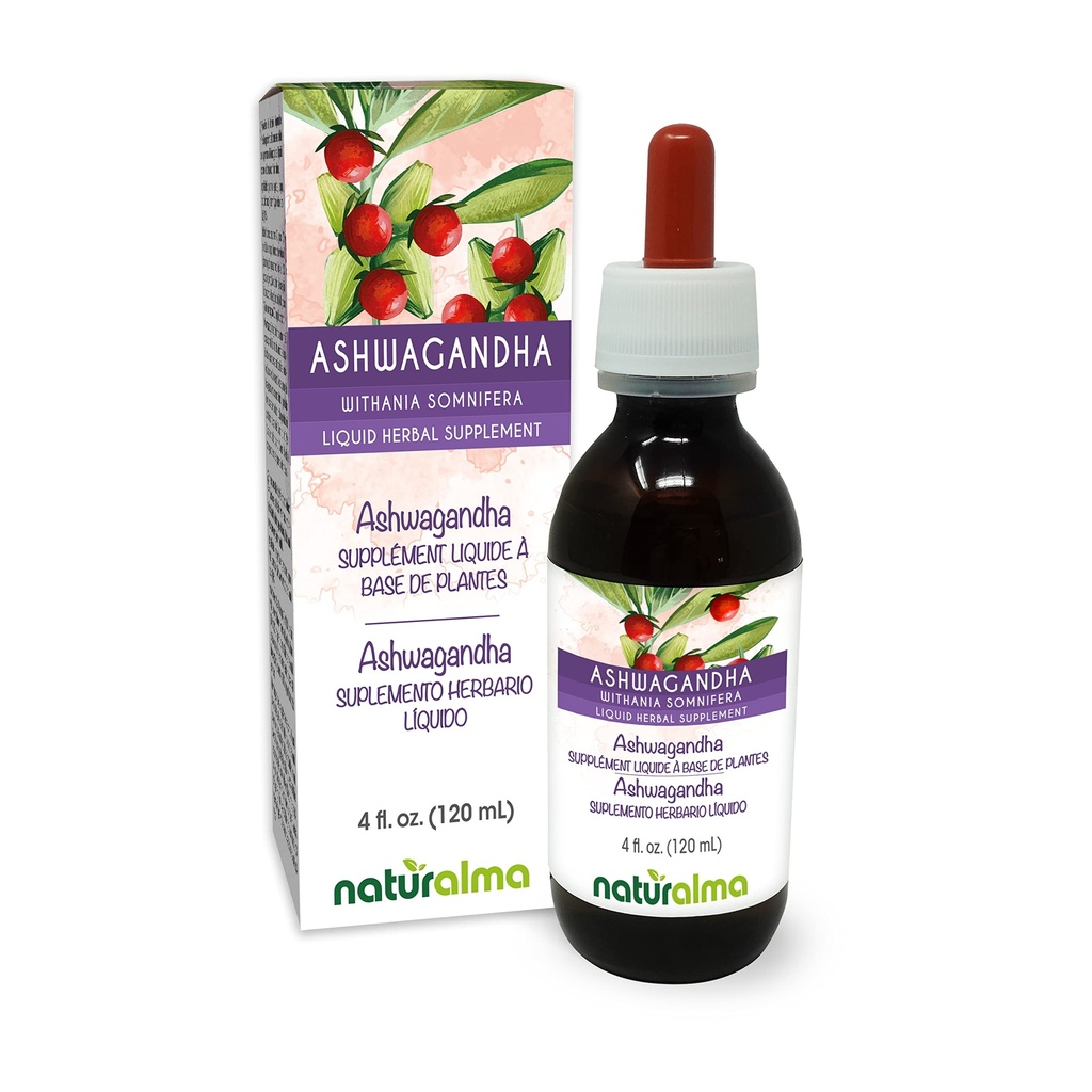 Naturalma Ashwagandha (Withania somnifera) Wurzel Alkoholfreie Tinktur - 4 fl oz Flüssiger Extrakt in Tropfen - Kräuterergänzung - Vegan