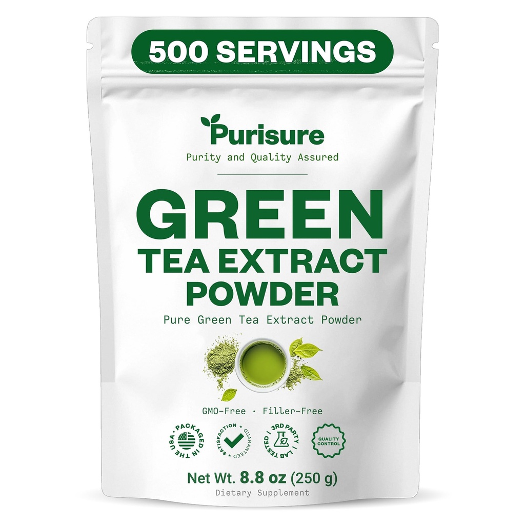 Purisure Grüner Tee Extrakt | Pulverierter Tee aus Premium Grün Blatt | Unsweetened Vegan Tee für Latte & Smoothie Rezept | All-Natural Antioxidans Grüner Tee Pulver mit EGCG & Polyphenole | 500 Servierungen