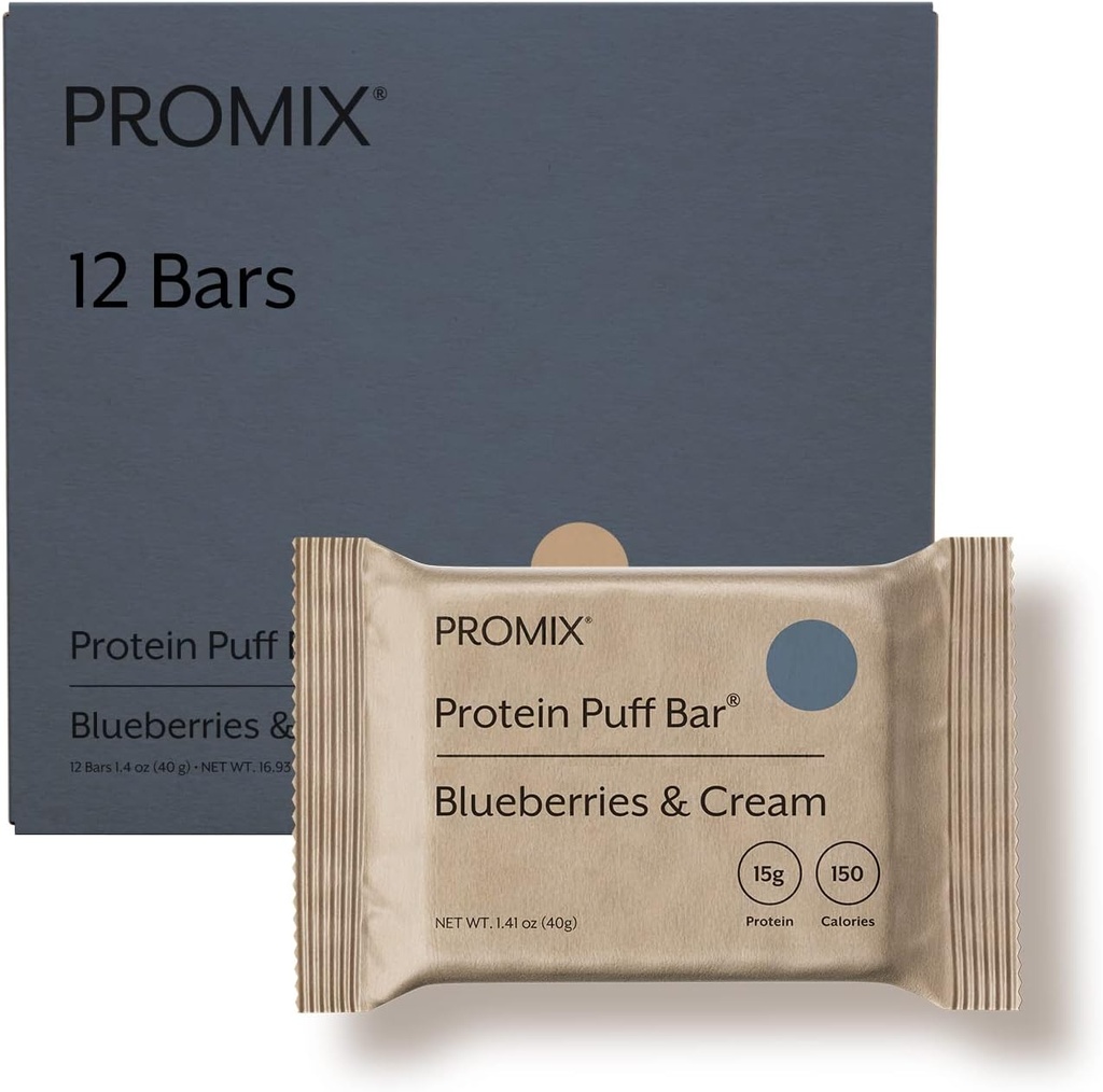 ProMix Nutrition Protein Puff Bars - Blueberries & Cream - Marshmallow Crispy Treat - Great Tasting & Healthy On The Go Snack - High Protein & Low Calorie - Frei von Gluten, Soy, & Corn - 12 Bars
