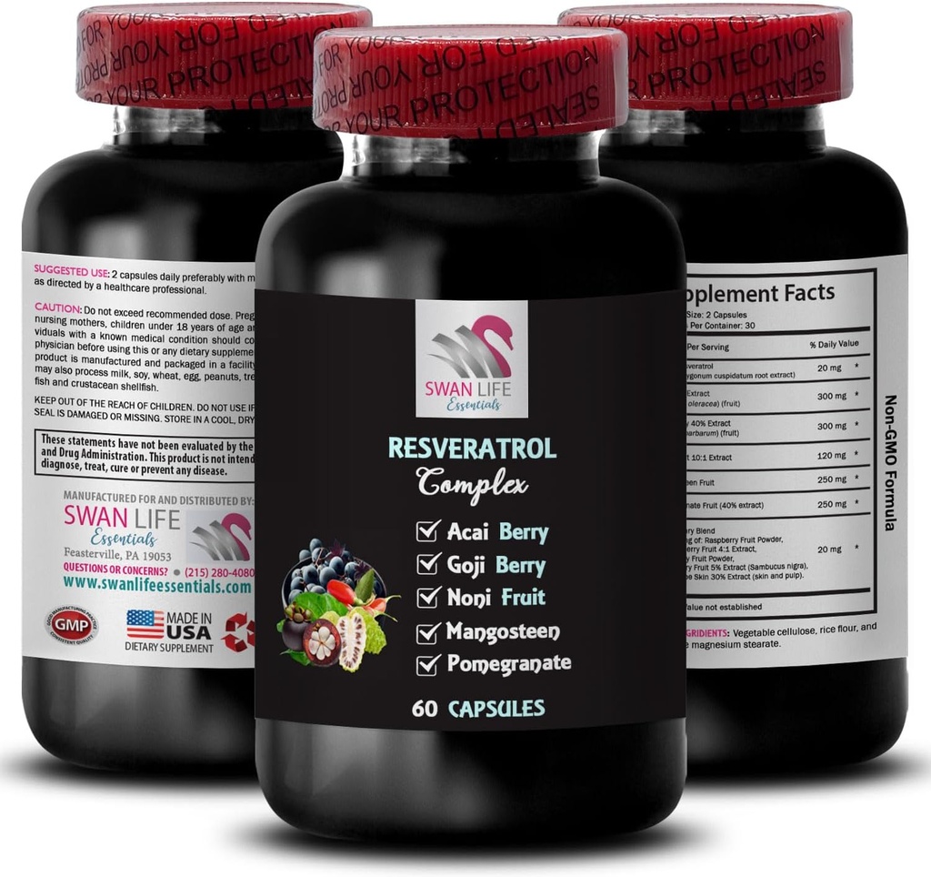 Antioxidant Shield - RESVERATROL COMLEX - Acai Berry Boost, Hydration Factor, Noni Blend, Daily Energy, Berry Superfoods, Blueberry Balance, Natural Strength, Refreshing Blend 1 Flasche 60 Kapseln