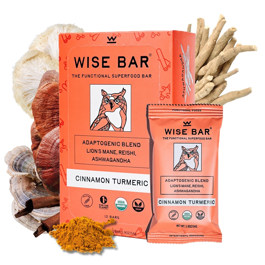 WISE BAR Adaptogen Mushroom Nutrition Bars mit Reishi, Lions Mane & Ashwagandha, Organic Vegan & Gluten Kostenlose Snacks für natürlichen Fokus, Energie &amp; Immunität Unterstützung, Cinnamon Turmeric Flavor, 12 Count