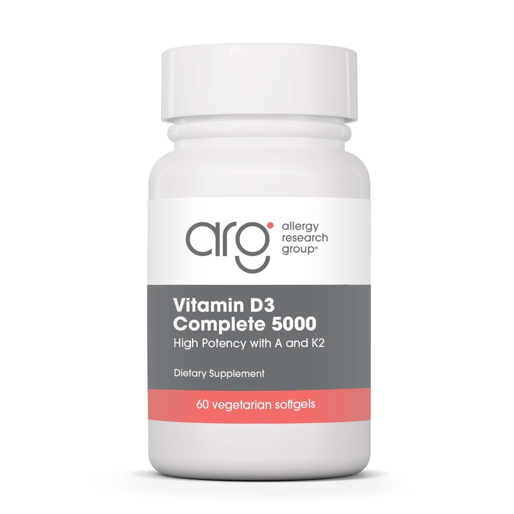 Allergy Research Group Vitamin D3 Complete 5000 IU - Vitamin D3 und K2 Supplement, Daily Balance, mit Vitamin A, DeltaGold Tocotrienols, Hohe Potenz, Veggie Softgels - 60 Count