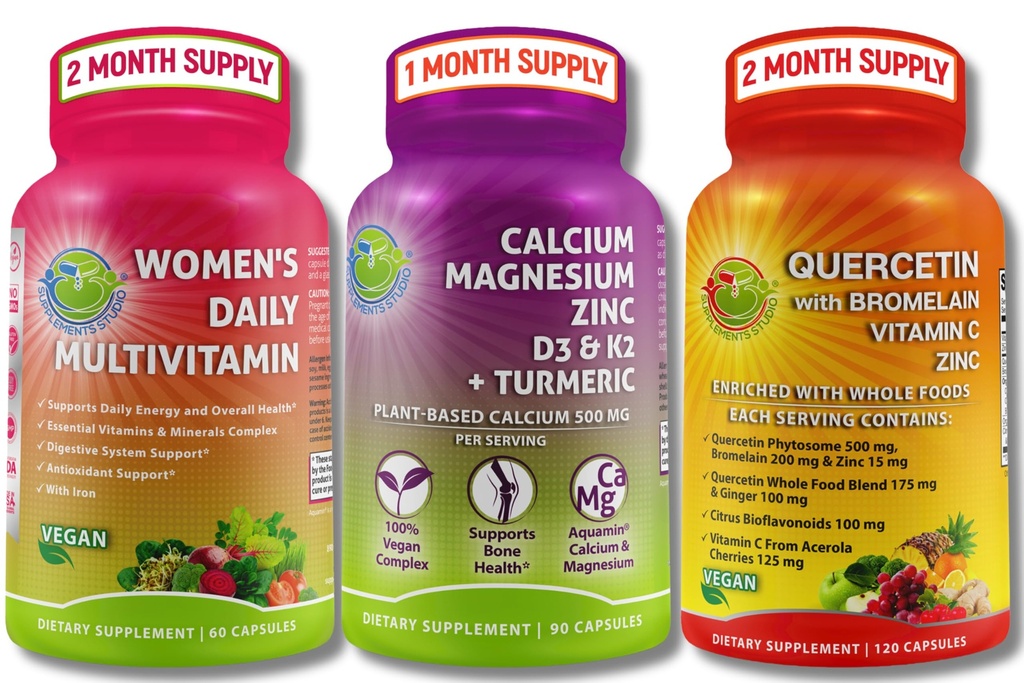 Ensemble de soutien à base d'Immune, d'os et d'énergie – Quercetine avec Bromelain, Vitamine C & Zinc + Magnésium de calcium avec D3, K2 & Turmeric + Femmes Multivitamine avec Fer et Superfoods organiques