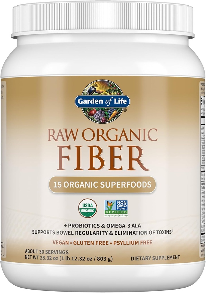 Garten des Lebens Raw Organic Fiber Powder, 30 Servierungen, 15 Bio Superfoods, Probiotics, Omega-3 ALA, 4g lösliche Faser, 5g unlöslich für Regelmäßigkeit, Psyllium Husk Kostenlos
