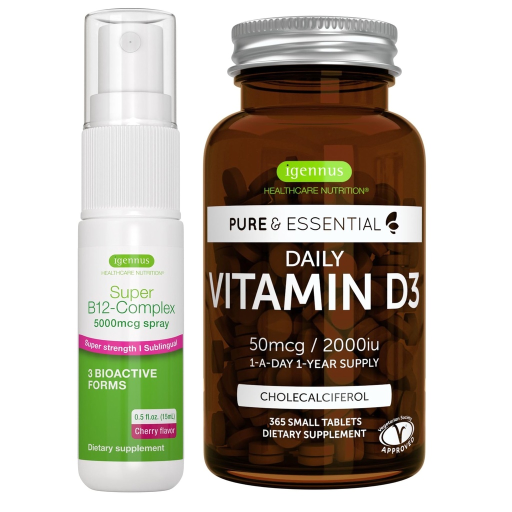 Tägliches Vitamin D3 + Super B12-Komplex 5000mcg Vegetarische Bundle, 365 2000iu Vitamin D3 Tabletten + hohe Festigkeit B12 Kirsch Aroma Sublingual Spray, von Igennus