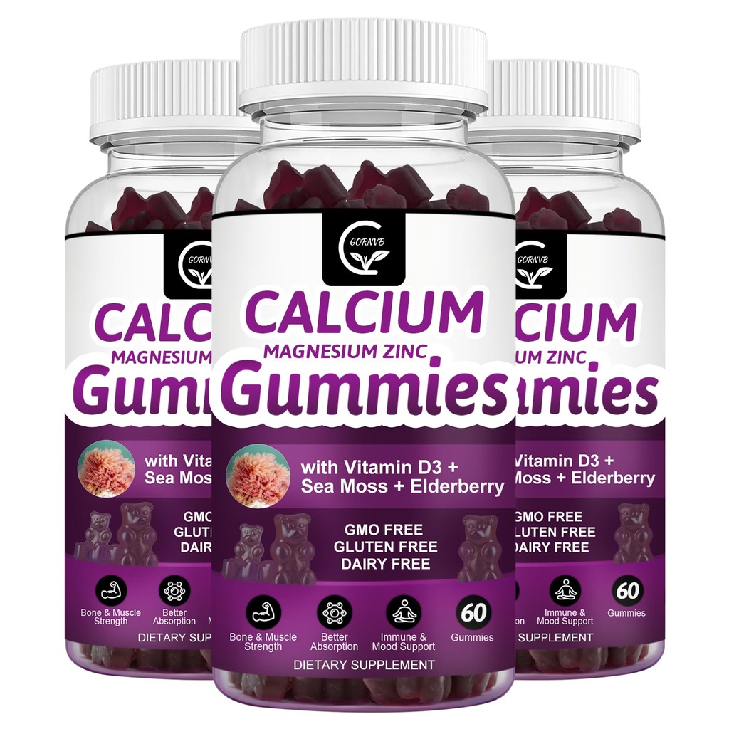 Calcium Magnesium Zink-Gummi mit hoher Absorption Magnesium Glycinat Kalium - Pflanzenkomplex Calcium Magnesium 2:1 Ratio, mit D3 Sea Moss für Knochen, Muskeln, Immun- und Schlafunterstützung, Vegan-3 Pack