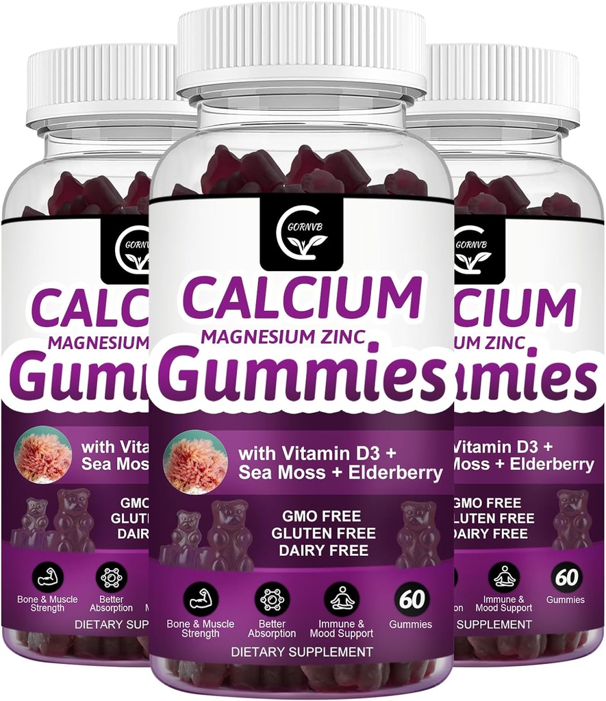 Calcium Magnesium Zink-Gummi mit hoher Absorption Magnesium Glycinat Kalium - Pflanzenkomplex Calcium Magnesium 2:1 Ratio, mit D3 Sea Moss für Knochen, Muskeln, Immun- und Schlafunterstützung, Vegan-3 Pack