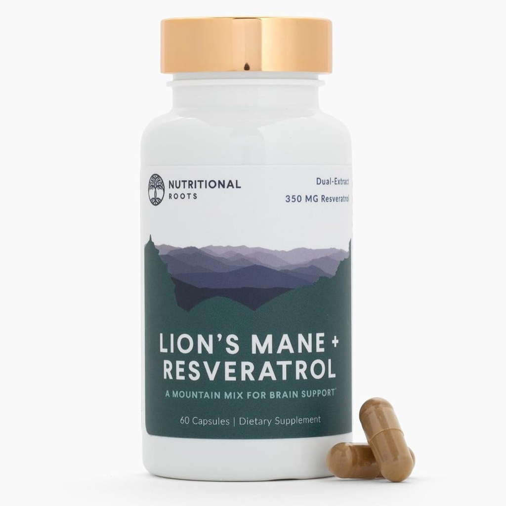 Ernährungswurzeln - Lion's Mane + Resveratrol - Mit 800mg Lion's Mane Extract & 350mg Trans-Resveratrol per Servieren - Unterstützt Gehirn & Herzgesundheit - Nahrungsergänzung - 1 Monat Versorgung - 60 Kapseln
