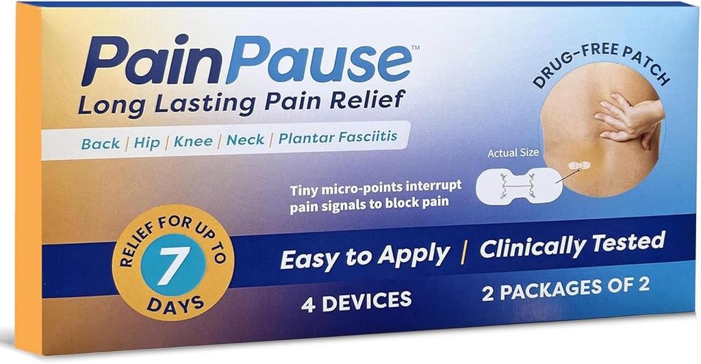 Lang anhaltende Schmerzlinderung - Rücken, Hüfte, Knie, Neck, Plantar Fasciitis und andere - Relief für bis zu 7 Tage, Klinisch getestet, 4 Geräte in 2 Pouches