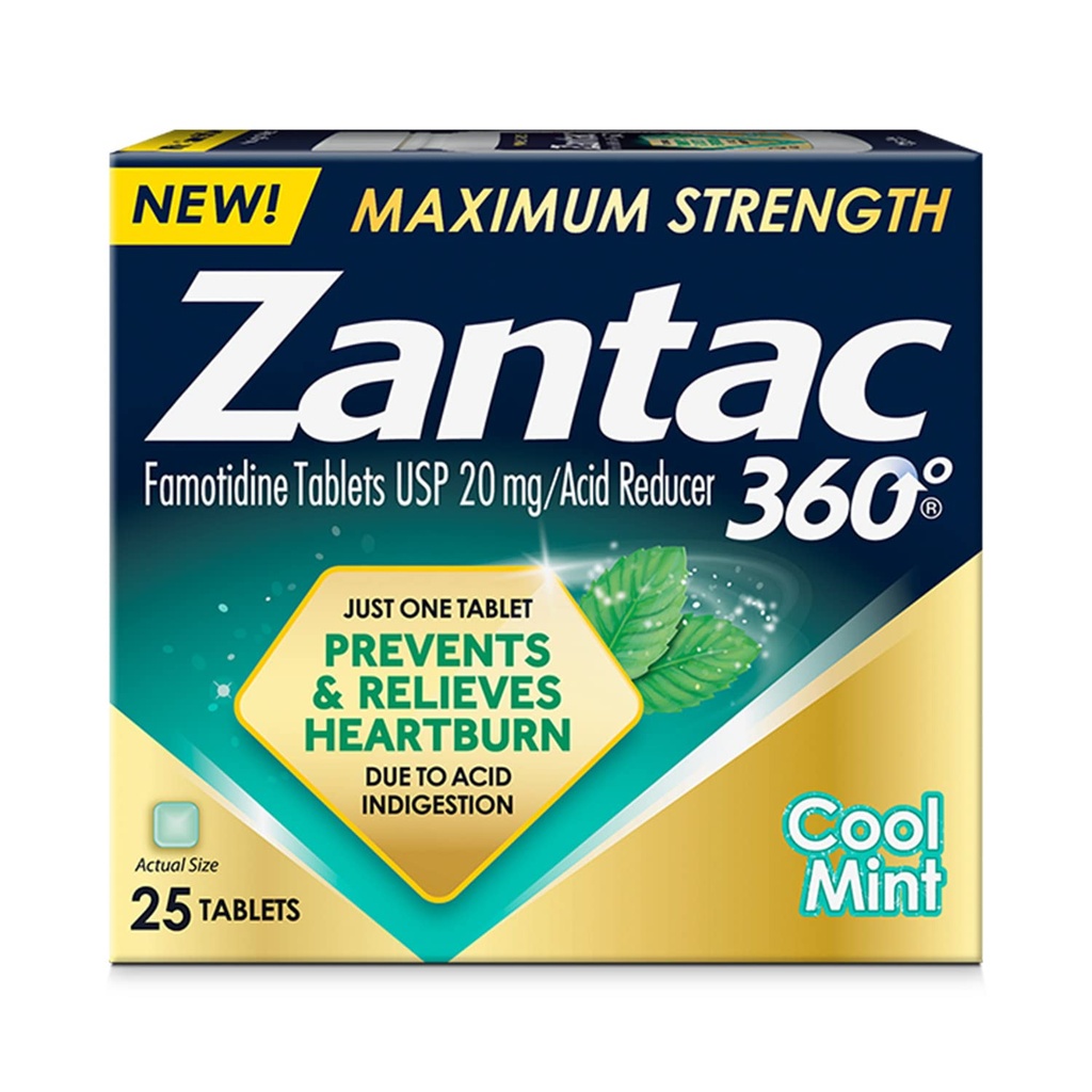 Zantac 360 Force maximale, menthe fraîche, 25 Compte, prévention et soulagement des brûlures d'estomac, comprimés de 20mg