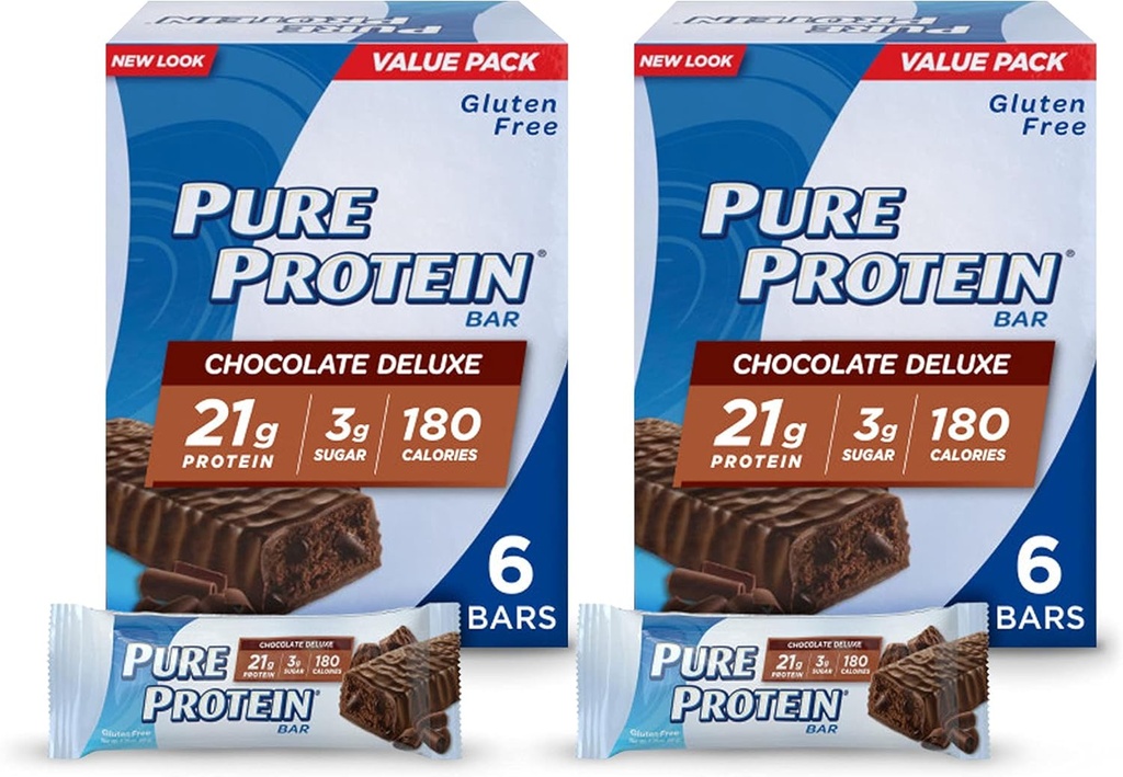 Barres de protéines pures, haute protéine, collations nutritives pour soutenir l'énergie, faible sucre, sans gluten, chocolat Deluxe, 6 comtes (paquet de 2)