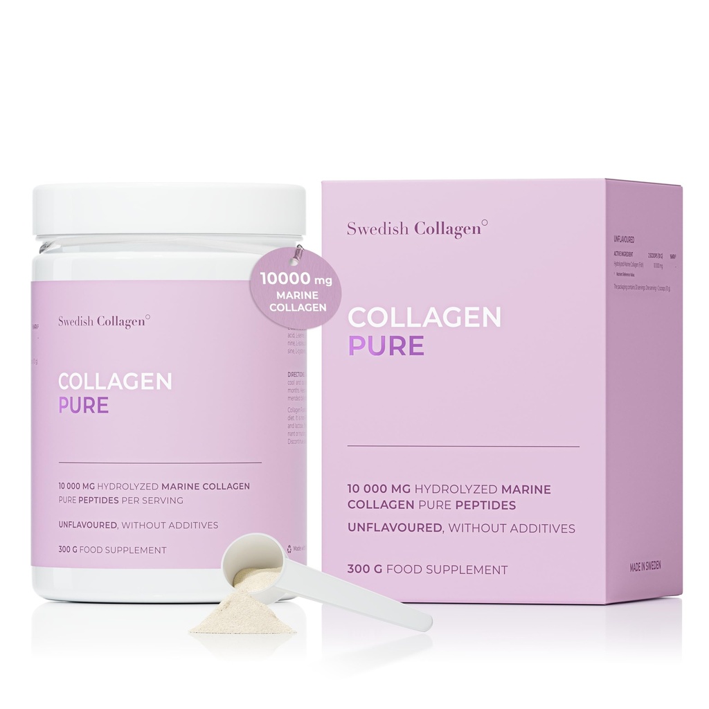 Swedish Collagen - Hydrolyzed Marine Collagen 10.000 mg Powder Supplement - Paket von 300 g, 30 Tage Versorgung | Pure Peptide für gesundes Haar, Haut, Nägel & Gelenke I 100% natürlich & Gluten frei | Sugar-Free