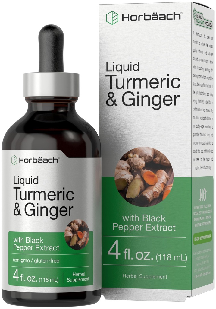 Horbaach Turmeric und Ginger Ergänzung Tropfen | 4 fl oz | mit schwarzem Pfeffer Extrakt | Kräuterflüssigkeit Tinktur | Vegan, Non-GMO & Gluten Kostenlos