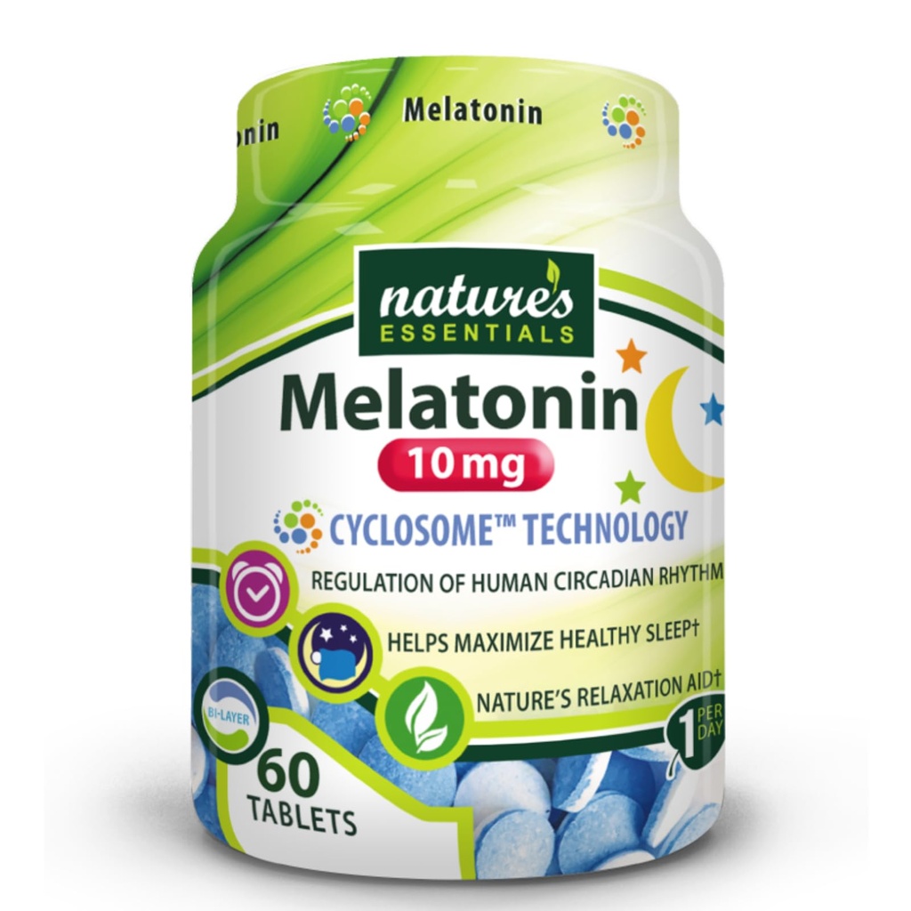 ESSENTIELS DE NATURE Melatonin 10mg , libération immédiate et prolongée , livraison avancée de cyclosomes liposomique , sans OGM , sans gluten , végétarien 60 comprimés