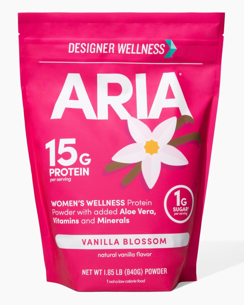 Designer Wellness, Aria, Women's Wellness Low Calorie Vanilla Protéine Poudre avec Biotine, Vitamine C et Aloe biologique, Vanilla Blossom, 1,85 Livre