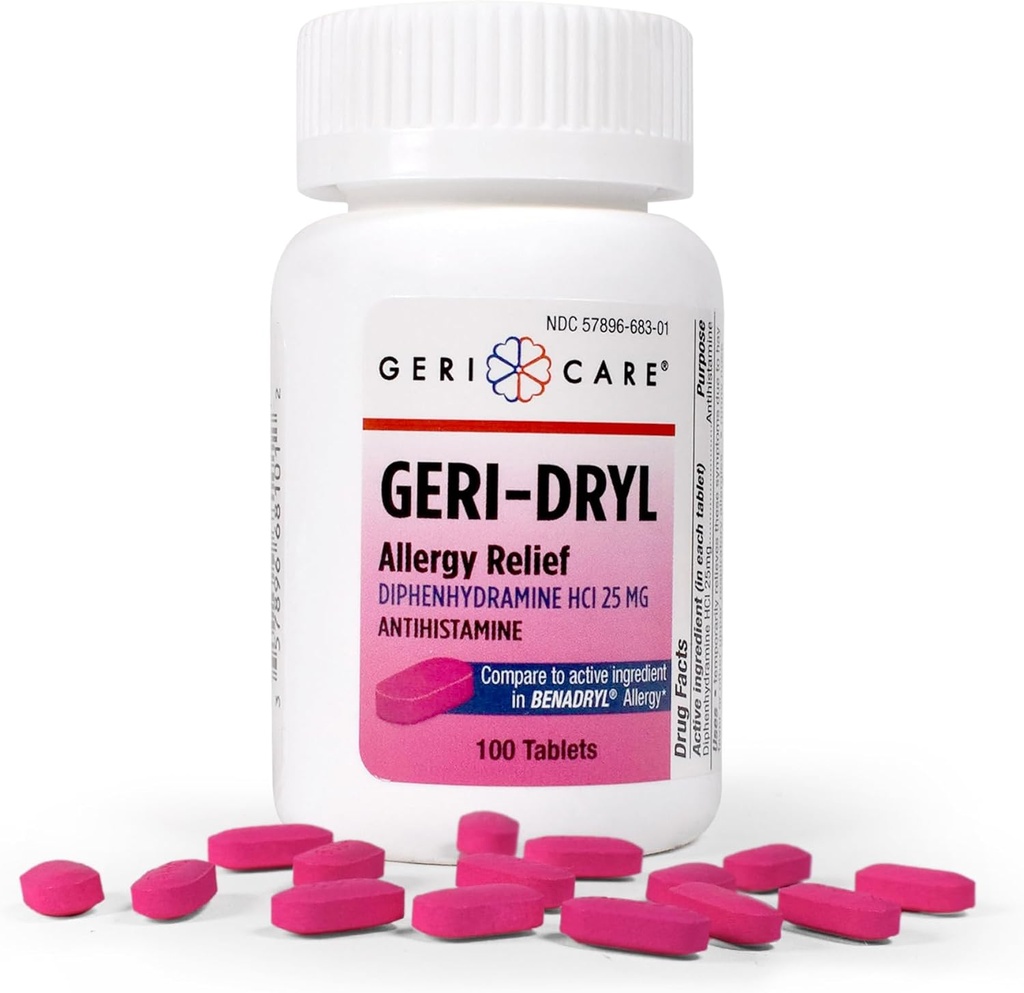Geri-Dryl Allergy Relief Tablets (100 Zähler) von GeriCare| Diphenhydramine HCI 25mg Antihistamin Tablets für Niesen, Runny Nose, Itchy Throats & Eyes| Anti-Allergy Medizin für Erwachsene & Kinder