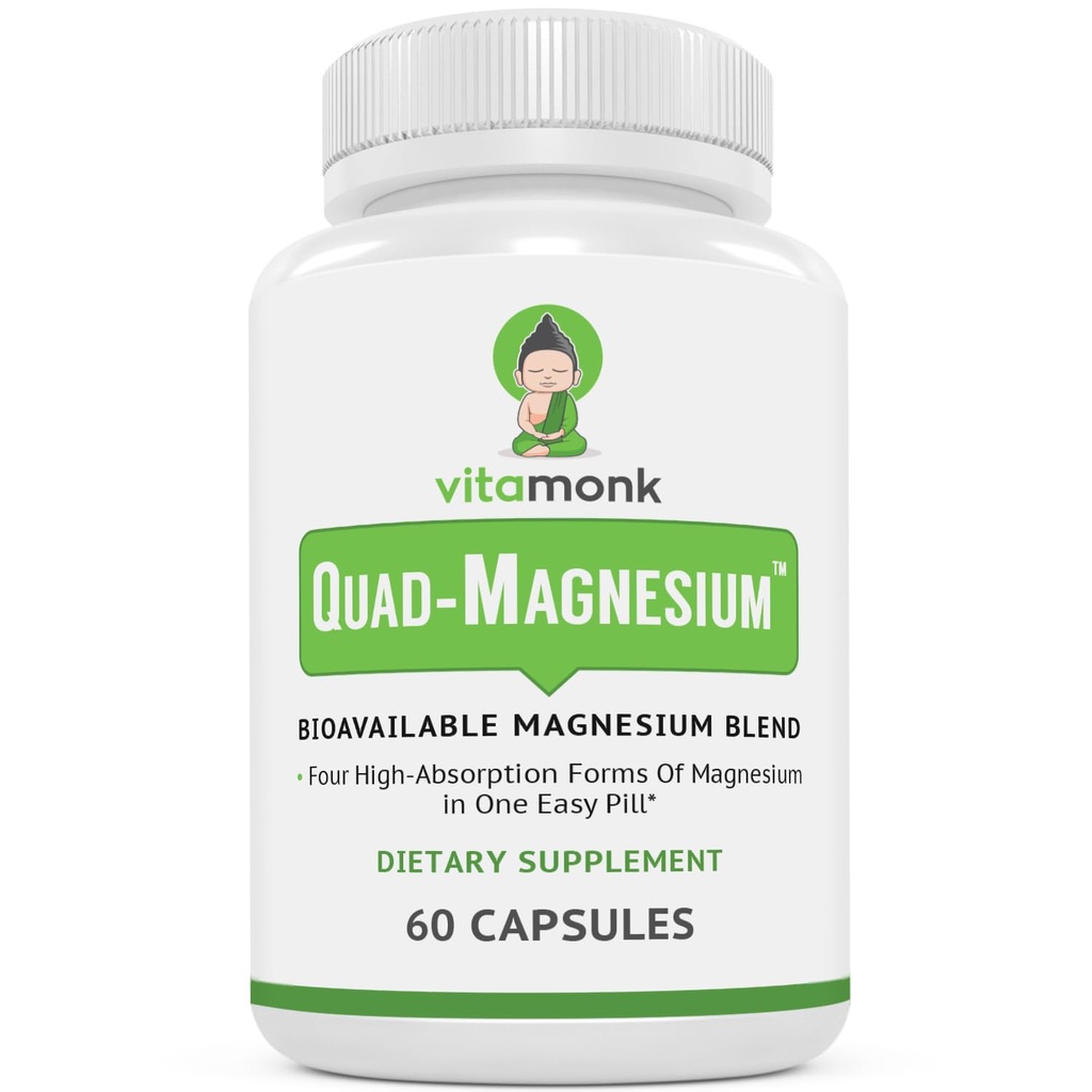 Mélange de magnésium Quad par Vitamonk - avec l'orotate de magnésium, le chélate de glycinate, le taurat de magnésium et le malate de di-magnésium - Complexe de magnésium à haute absorption pour le sommeil, le coeur et l'humeur